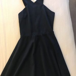 FIT AND FLARE FAUX SUEDE DRESS IN NAVY